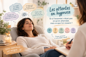 Les attentes en hypnose sereine Femme installée dans un fauteuil pendant une séance d’hypnose, illustrant les attentes et les ressentis propres à chaque personne.