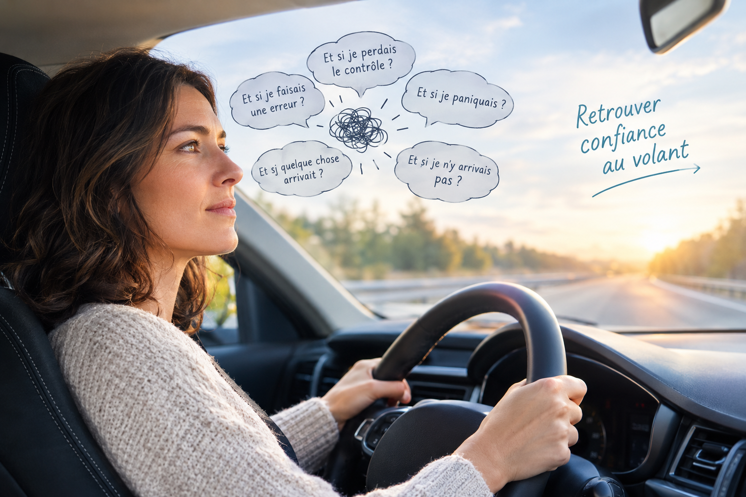 Femme au volant confrontée à la peur de conduire et à la peur de perdre le contrôle