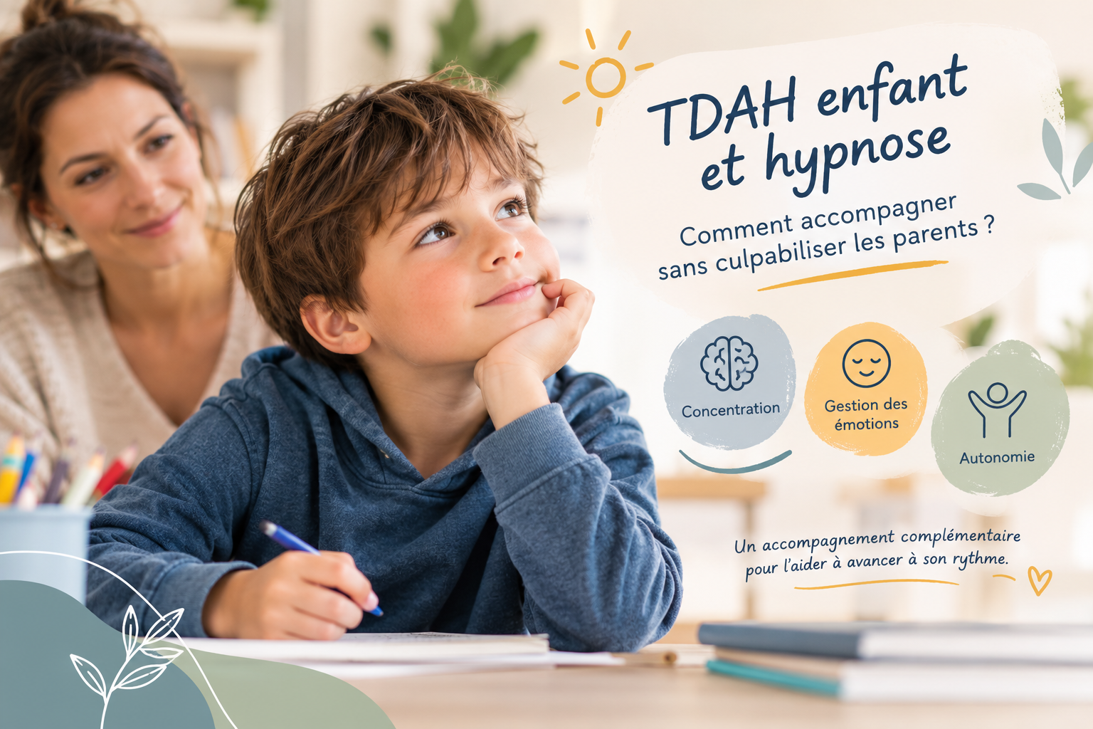 Enfant travaillant à son bureau avec sa mère en arrière-plan, illustration sur le TDAH et l’hypnose