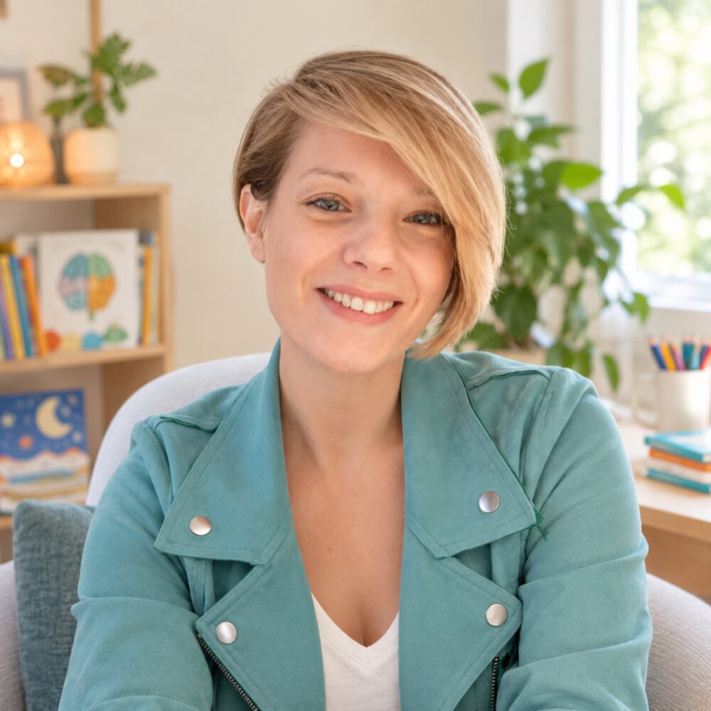 Audrey Berger, hypnose pour enfants à Olivet, entourée de livres et de crayons